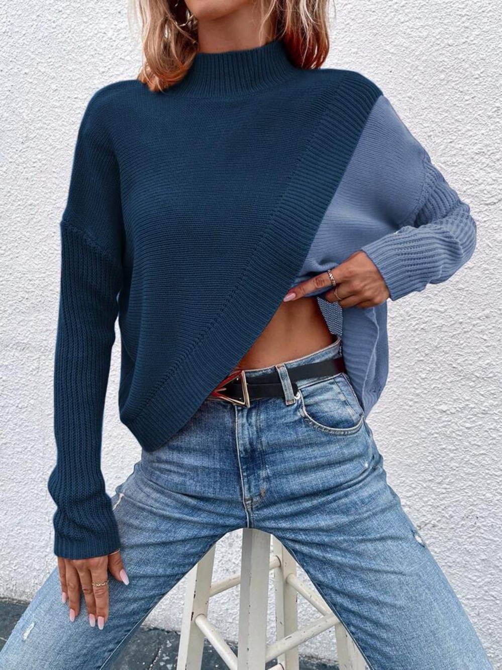 Split-Front Contrast Mock Neck Sweater - Picture 3 of 11